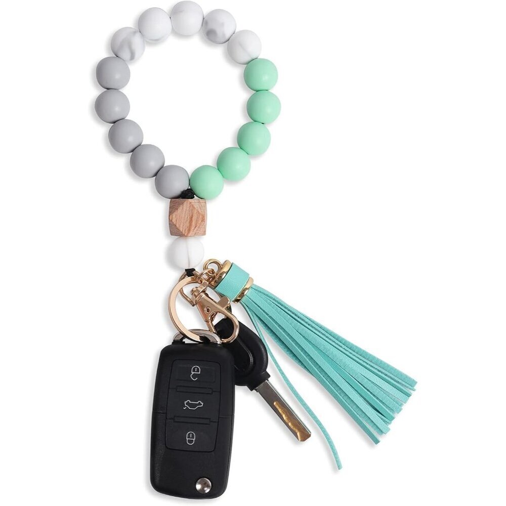 🆕 Women Green Wristlet Keychains Tassel Silicone Beaded Stainless Hook Bracelet